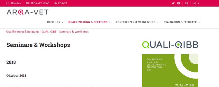 Screenshot der ARQA-VET Website mit dem Hinweis zur Anmeldung zu Seminaren und Workshops 